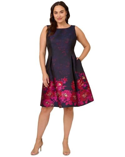 Adrianna Papell Plus Size Jacquard Fit & Flare Dress - Red
