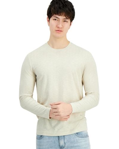 INC International Concepts Long-sleeve Crewneck Variegated Rib Sweater - White