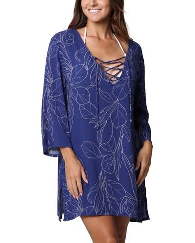 J Valdi Printed Lace-up Cover-up Tunic - Blue
