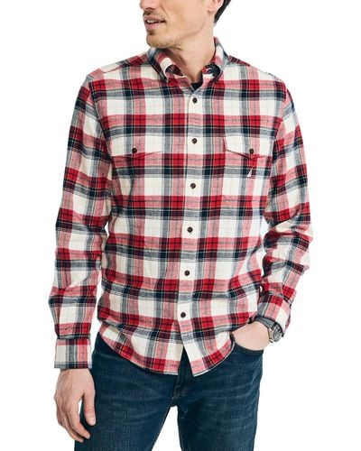 Nautica Double Pocket Plaid Flannel Shirts - Red