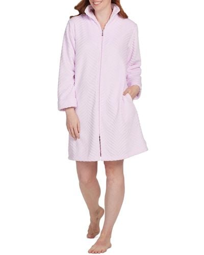 Miss Elaine Solid Long-sleeve Short Zip Fleece Robe - Pink