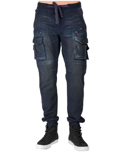 Level 7 Premium Knit Denim jogger Jeans Indigo Vintage-like Cargo Zipper Pockets - Blue