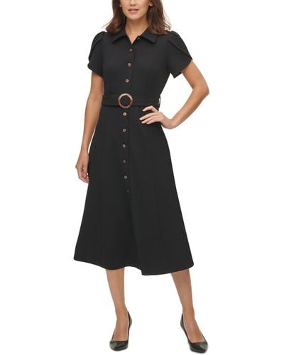 Calvin Klein Puff-sleeve Belted Midi Dress - Black