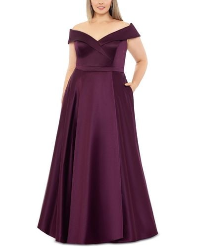 Xscape Plus Size Satin Off-the-shoulder Front-slit Gown - Purple