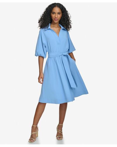 Calvin Klein Split-neck Puff-sleeve A-line Dress - Blue