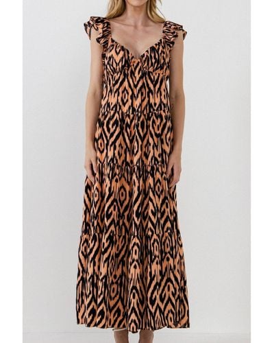 English Factory Tiger Print Ruffle Sleeve Maxi Dress - Brown
