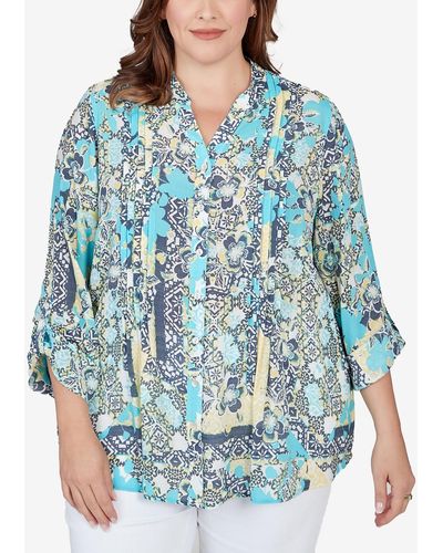 Ruby Rd. Plus Size Seaside Silky Gauze Patchwork Button Front Top - Blue