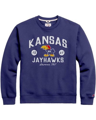 League Collegiate Wear Distressed Kansas Jayhawks Bendy Arch Essential Pullover Sweatshirt - Blue