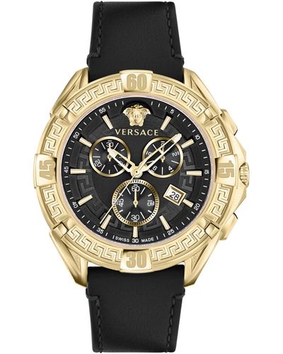 Versace Swiss Chronograph V-greca Black Leather Strap Watch 46mm - Metallic