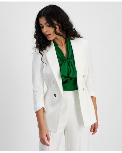BarIII Faux Double-breasted Linen-blend Ruched-sleeve Blazer - Green