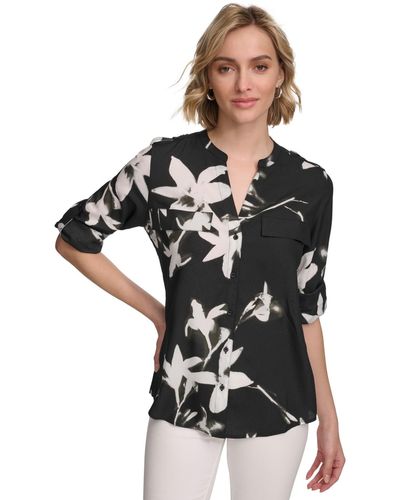 Calvin Klein Floral Print Button Down Shirt - Black
