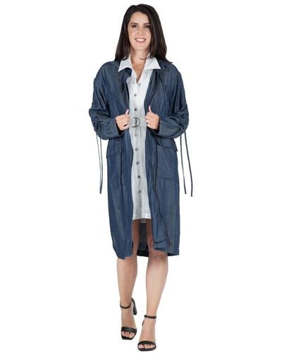 Standards & Practices Denim Hooded Long Trench Coat - Blue