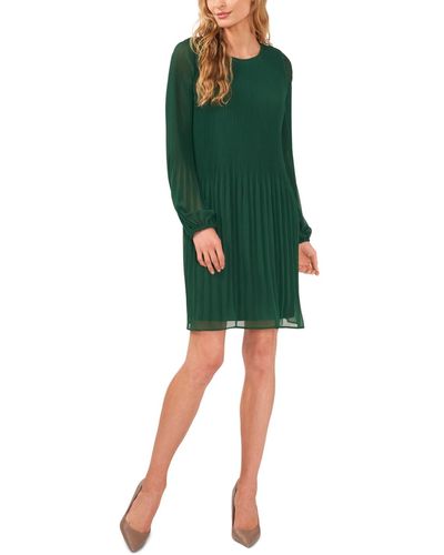 Cece Pleated Front Long Sleeve Crewneck Dress - Green
