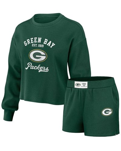 WEAR by Erin Andrews Distressed Bay Packers Waffle Knit Long Sleeve T-shirt And Shorts Lounge Set - Green