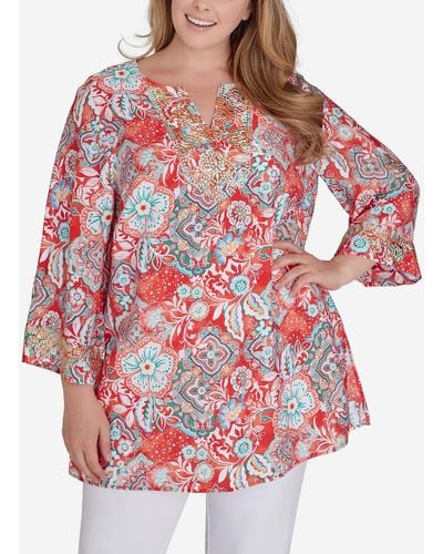 Ruby Rd. Plus Size Silky Floral Voile Top - Red
