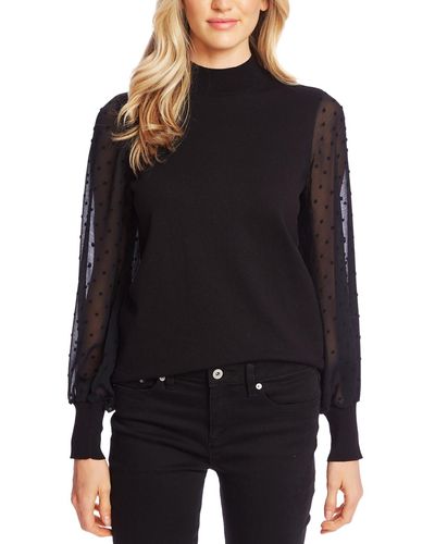 Cece Mock Neck Clip Dot Sheer Long Sleeve Sweater - Black