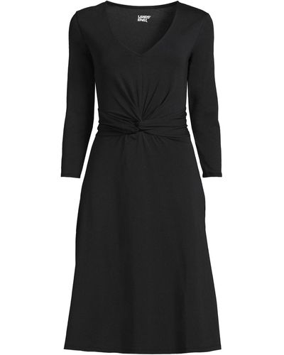 Lands' End Plus Size Lightweight Cotton Modal 3/4 Sleeve Fit And Flare V-neck Dress - Black
