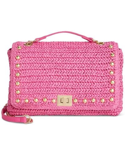 INC International Concepts Ajae Soft Crochet Straw Medium Studded Shoulder Bag - Pink