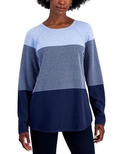 Karen Scott Petite Colorblocked Textured Curved-hem Cotton Sweater - Blue