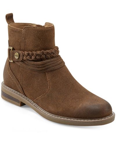 Earth Jeno Round Toe Woven Casual Stacked Heel Booties - Brown