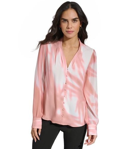 Calvin Klein Long-sleeve Printed V-neck Blouse - Pink