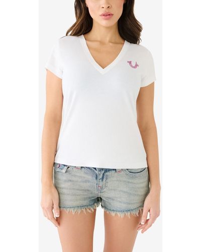 True Religion Shorts Sleeve Ombre Crystal Horseshoe V-neck T-shirt - White