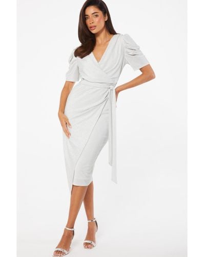 Quiz Lurex Puff Sleeve Wrap Midi Dress - White