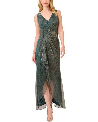 Adrianna Papell Metallic Ruffled Sleeveless Faux-wrap Gown - Green