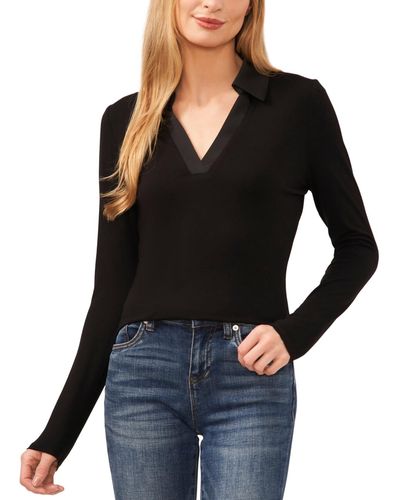 Cece Woven-collar Knit Long-sleeve Top - Black