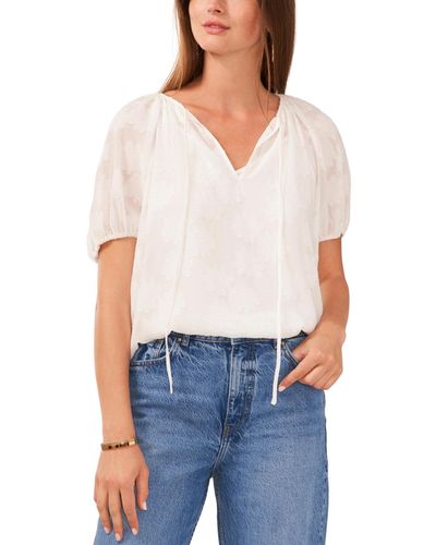 Vince Camuto Jacquard Split Neck Puffed Sleeve Top - White