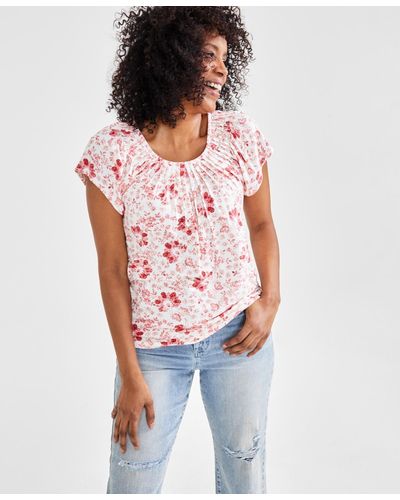 Style & Co. Petite Pleated-neck Floral Top - Orange