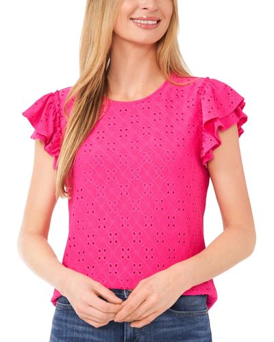 Cece Ruffled Short-sleeve Eyelet Knit Top - Pink