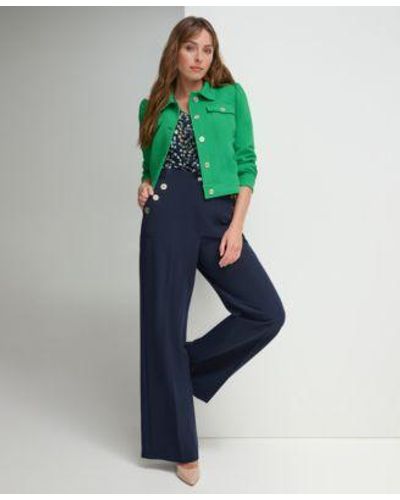 Tommy Hilfiger Long Sleeve Button Front Jacket Ruffled V Neck Sleeveless Top High Rise Wide Leg Sailor Pants - Green