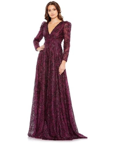 Mac Duggal Embellished V Neck Long Sleeve A Line Gown - Purple