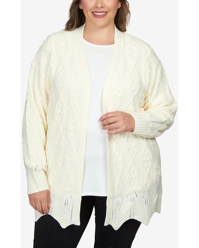 Ruby Rd. Plus Size Solid Textured Zigzag Hem Open Cardigan Sweater - White