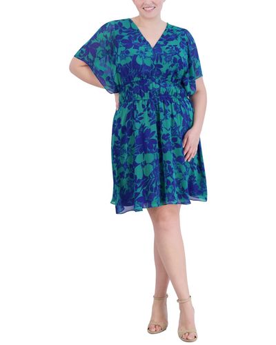 Jessica Howard Plus Size Floral-print Smocked-waist Dress - Blue