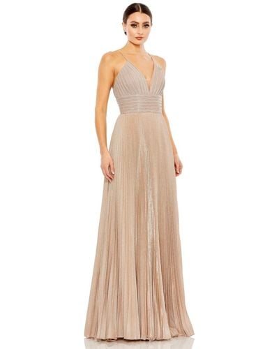 Mac Duggal Ieena Shimmer Pleated V-neck Open Back Gown - Natural