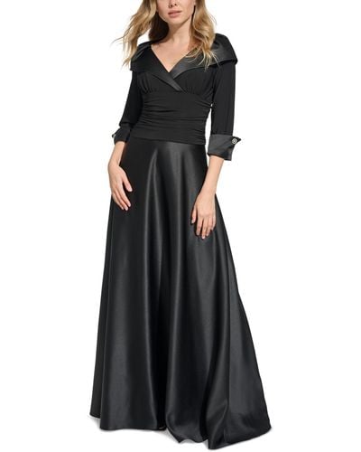Jessica Howard Mixed-media Ruched-waist Gown - Black