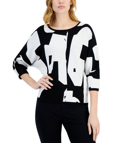 Tahari Abstract Print 3/4-sleeve Crewneck Sweater - Black