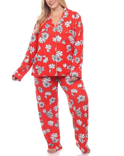 White Mark Plus Size Long Sleeve Floral Pajama Set - Red