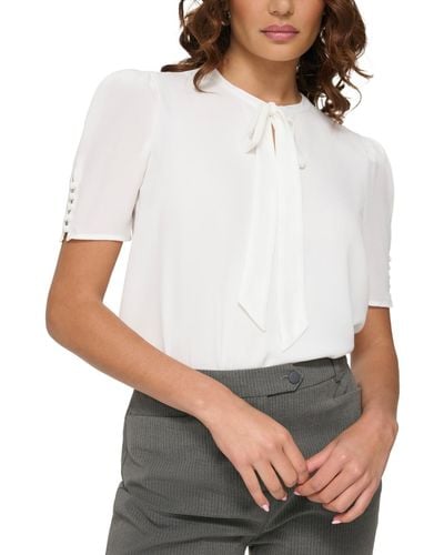 Calvin Klein Petite Short-sleeve Tie-neck Top - White