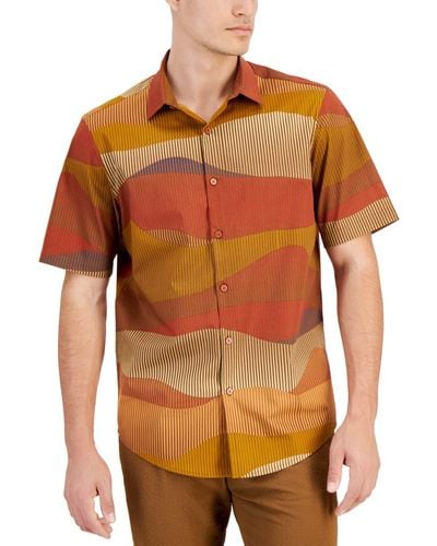 Alfani Terrain Short Sleeve Button Front Shirt - Orange