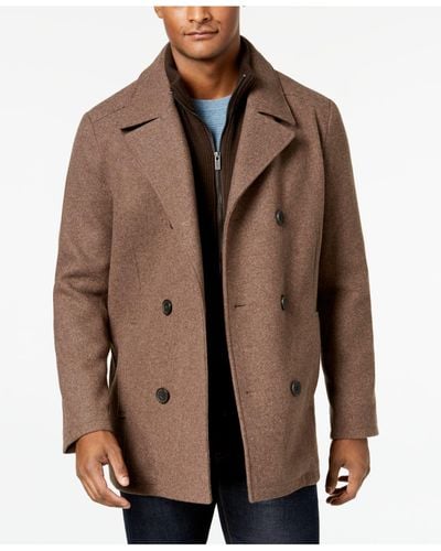 Kenneth Cole Double Breasted Wool Blend Peacoat With Bib - Brown