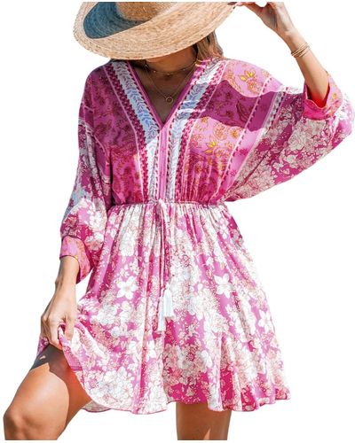 CUPSHE Floral Print Tassel Mini Beach Dress - Pink