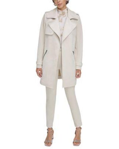 Calvin Klein Petite Faux Suede Open Front Trench Jacket Smocked Neck Flutter Sleeve Blouse Faux Suede Skinny Leg Pants - Natural