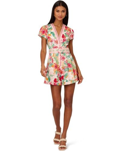 Adrianna Papell L Floral-print Belted Romper - Red
