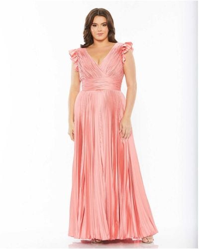 Mac Duggal Plus Size Flutter Sleeve Pleated V-neck Gown - Pink