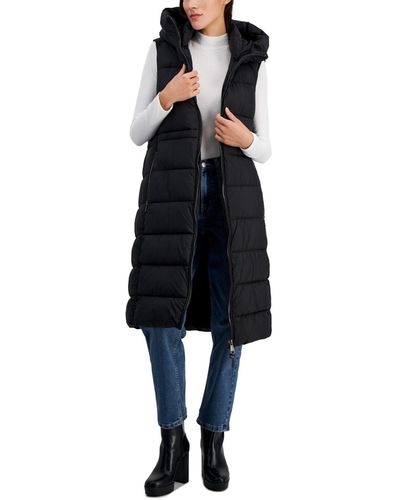 DKNY Hooded Sleeveless Long Puffer Vest - Black