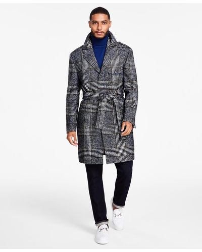 Tayion Collection Classic-fit Plaid Self Belted Wool Blend Overcoats - Blue