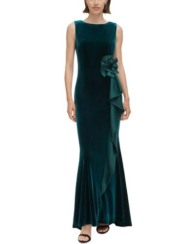 Jessica Howard Petite Ruffle-trim Velvet Sleeveless Dress - Green